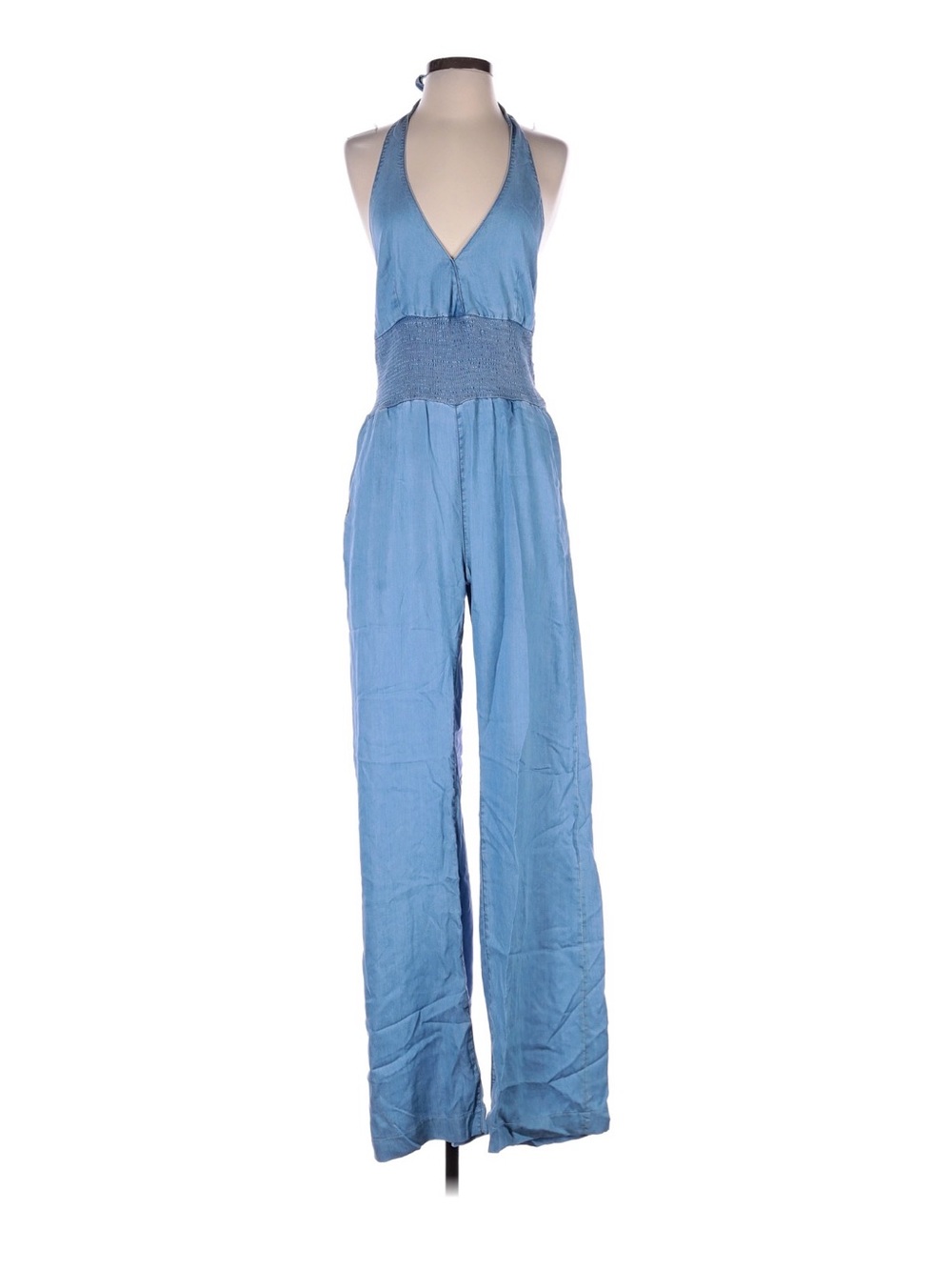 Guess Light Blue Halter Smocked-Waist Jumpsuit
